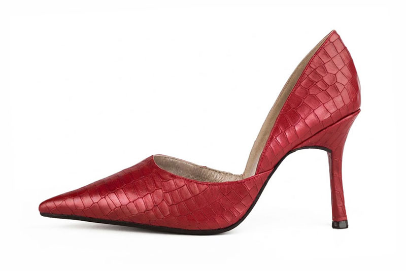 Dress pumps open arch in scarlet red leather with high slim heels and pointed toe - Profile view
